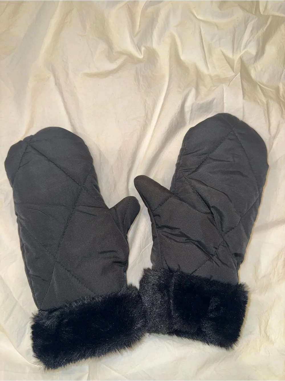 Black Quilted Mittens with Faux Fur Cuff